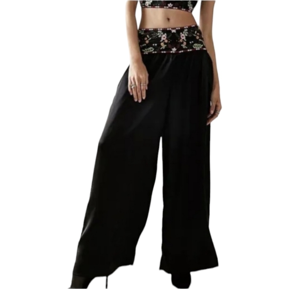 Free People Ensemble Petra Black Satin Pant Crop Top Set Embroidered Size 8 - Picture 3 of 13